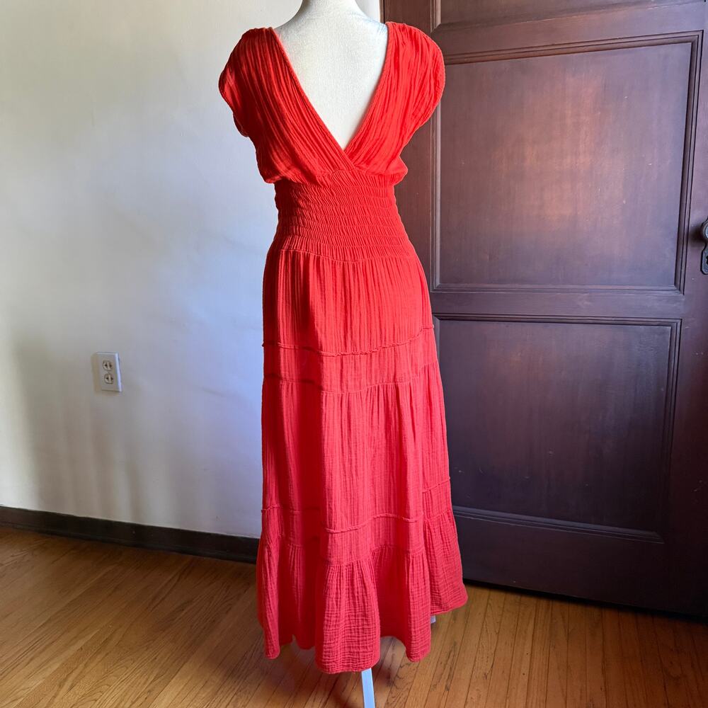 FELICITÉ Red Orange Gauze Smocked Tiered Midi Length Cap Sleeve Dress XS - Picture 5 of 7